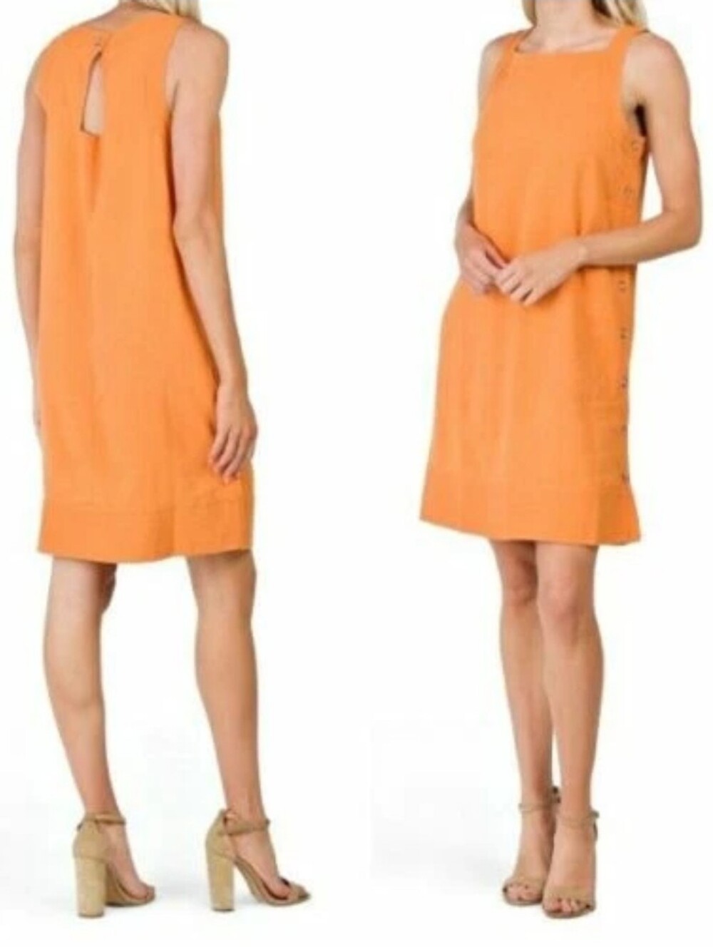 FOR CYNTHIA Orange Side Button Placket Linen Blend Dress Keyhole Back Size XL